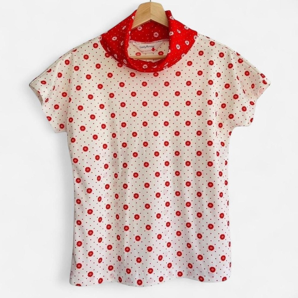 Vintage Lady Arrow Red White Daisy Polka Dot Short Sleeve Turtleneck Blouse Top